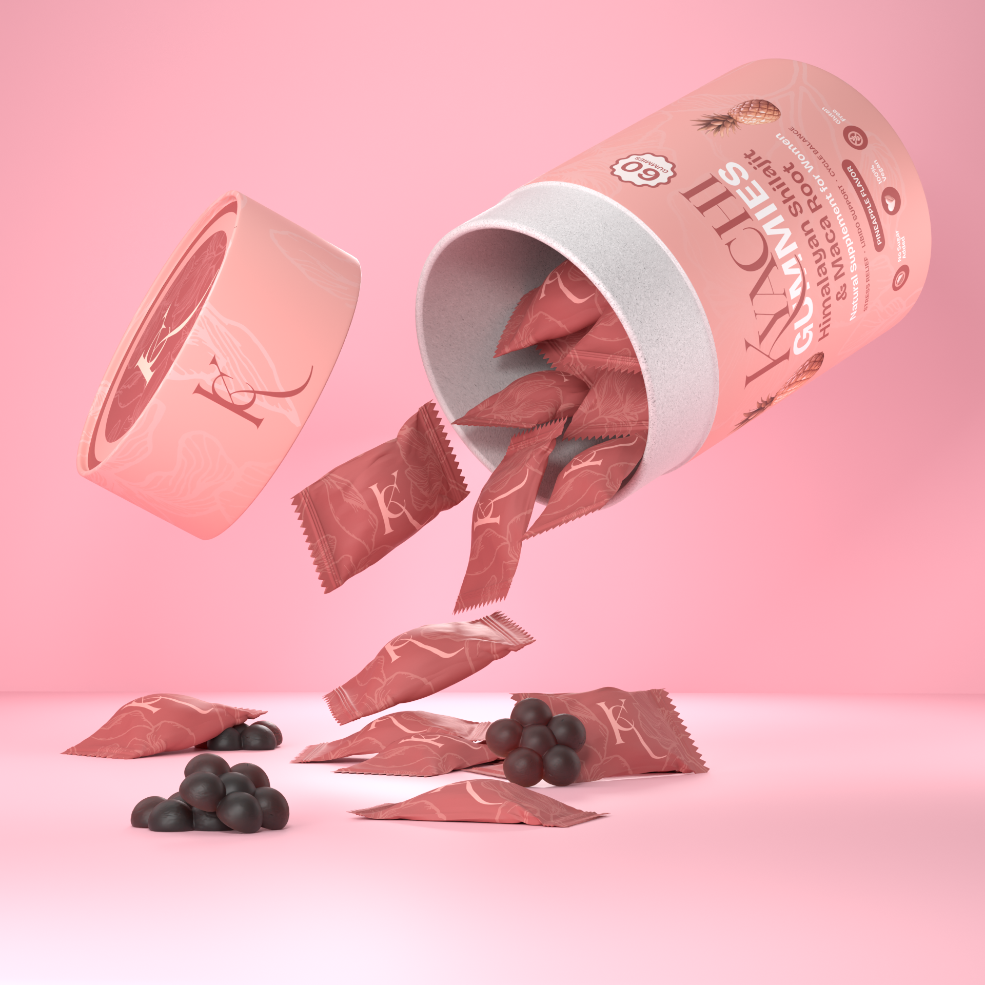 KYACHI Hormone Balance Gummies packaging with pink background and pineapple flavor details for women’s hormonal wellness.