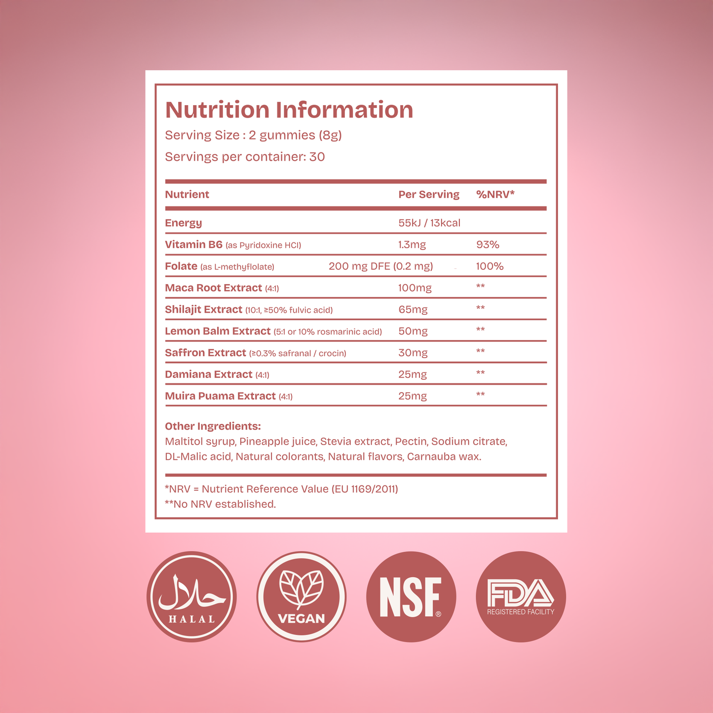 KYACHI Hormone Balance Gummies nutrition facts label showing ingredients like Maca Root, Shilajit, Lemon Balm, and Saffron Extract.